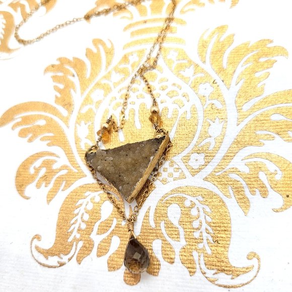 Brown triangle druzy gold citrine 18k gold filled smokey quartz Fall necklace - Picture 5 of 7